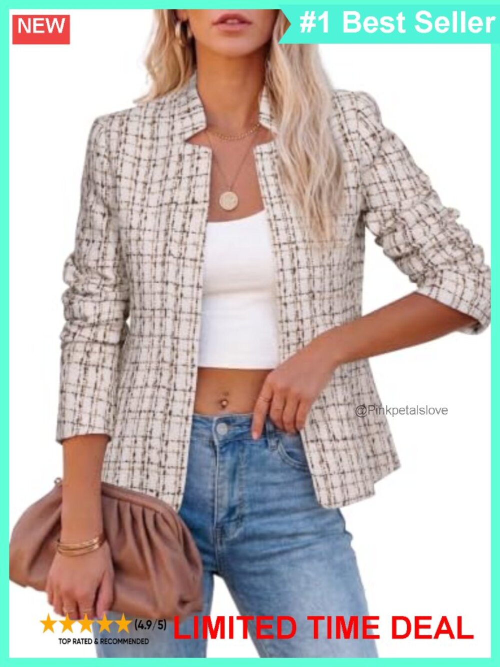 Tweed Plaid Blazer Notch Collar Tailored Suit Jacket